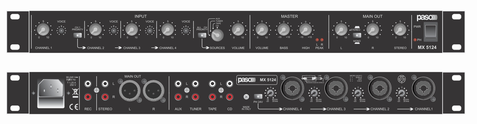 PASO MX5124 Mixer 12 ingressi 4 uscite 2 bilanciate e 2 stereo